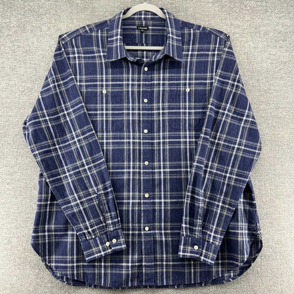 J Peterman Plaid Shirt Men Sz XXL Blue Long Sleeve Button Up Casual 100% Cotton